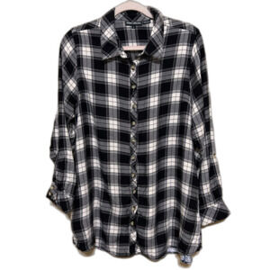 Tolani Button Up Tunic Top Sz Large Black White Plaid Floral Contrast Back Boho